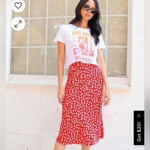 Red Floral Midi A-Line Skirt